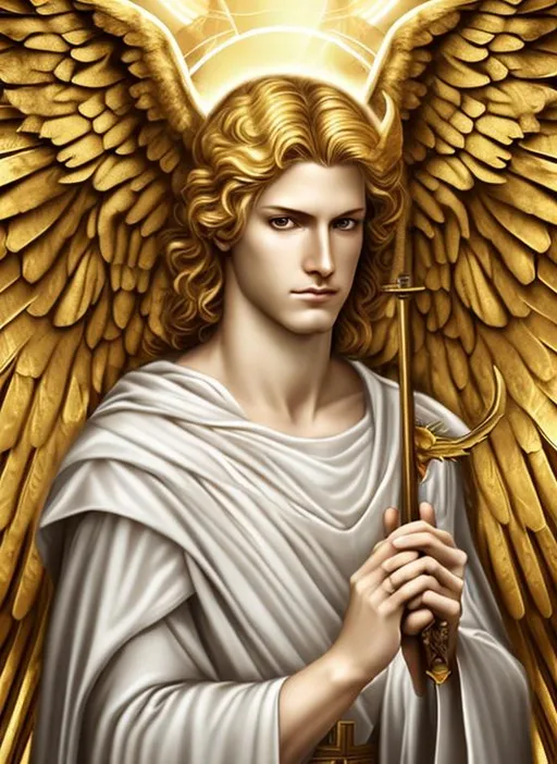 Prompt: Angel, halo, radiant golden light, seraph, six wings, photo realistic, Male, warrior, ancient, wallpaper, St michael, catholic