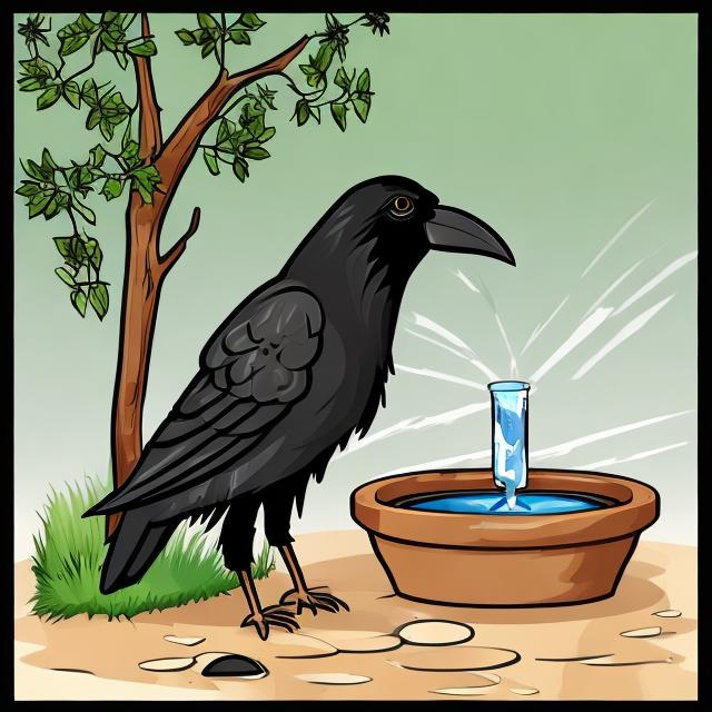 Thirsty Crow with water pot as a cartoon image