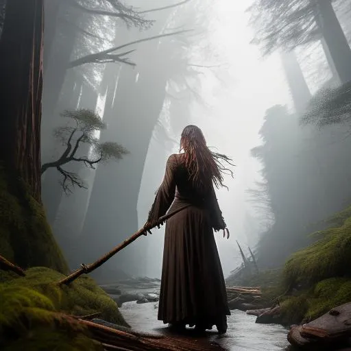 Prompt: landscape: old redwood Forest, style: Robert S. Duncanson painting, subject: terrifying sorceress walking down a rocky path, wearing long billowing dark robes; she's holding a wooden staff, casting a spell near a makeshift camp, golden hour, misty atmosphere, panning, 24mm lens, a massive storm cell rages overhead, lightning, octane render, trending on artstation, deviantart.