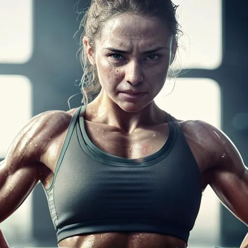 Prompt: woman working out, soft face,  natural light, sun in background, detailed face, sharp eyes, one arm behind head, sweat on chest,  smirk, magazine, press, photograph, focus, hyper realistic photograph, cinematic 4k epic detailed 4k epic detailed photograph shot on kodak detailed bokeh cinematic 
