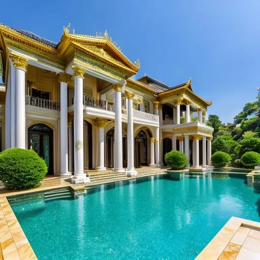 Prompt: mansion that is gold. except the pillars are made of white and black marble and green onyx. 
pool is clear and blue glistening water. 