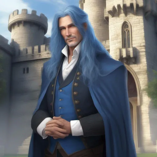 Prompt: mature male, realistic, long blue hair, blue eyes, castle, daytime, neutral colors, butler, medieval, high definition, professional