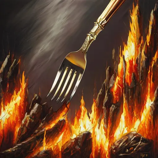Prompt: fantasy flaming dining fork  epic painting