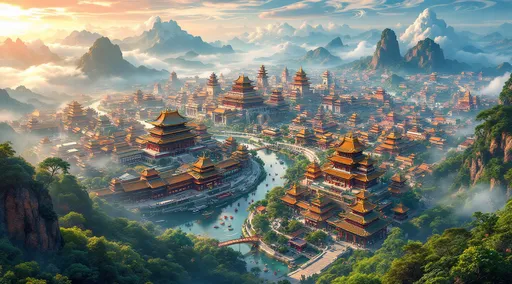 Prompt: Fantasy image of an ancient Chinese city from a bird's eye view, vibrant colors and breathtaking landscapes, intricate architectural details, luminous rooftops, sprawling gardens, bustling local markets, lush riverbanks, enchanting palaces surrounded by mystical mist, artistic swirls of cloud patterns, mesmerizing light effects, rich historical ambiance, magical atmosphere, ultra-detailed, high definition.