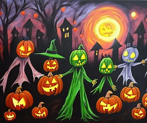 Prompt: A child's scary painting of halloween with carved pumpkins and ghosts