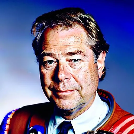 Prompt: Roger Allam is a futuristic civil servant dressed in a Space-1999-inspired business suit on a space station. photorealistic, accurate face
