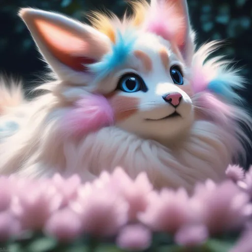 Prompt: (Sylveon), realistic, photograph, epic oil painting, (hyper real), furry, (hyper detailed), extremely beautiful, sprawling on back, belly up, paws in the air, playful, UHD, studio lighting, best quality, professional, 8k eyes, 8k, highly detailed, highly detailed fur, hyper realistic creamy fur, canine quadruped, (high quality fur), fluffy, fuzzy, full body shot, zoomed out view of character, perfect composition, trending, instagram, artstation, deviantart, best art, best photograph, unreal engine, high octane, cute, adorable smile, peaceful, (highly detailed background), vivid, vibrant, intricate facial detail, incredibly sharp detailed eyes, incredibly realistic golden retriever fur, concept art, anne stokes, yuino chiri, character reveal, extremely detailed fur, sapphire sky, complementary colors, golden ratio, rich shading, vivid colors, high saturation colors, nintendo, pokemon, silver light beams