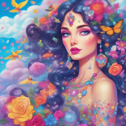 Prompt: A beautiful and colourful Persephone whose brunette hair is made of clouds that rains down flowers made of jewels, while chickadees fly around her; in a Lisa Frank Style 