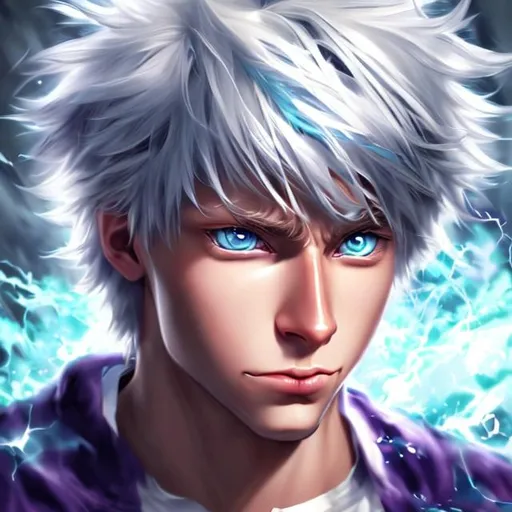 Prompt: hyperrealistic portrait of anime hero white hairs ocean blue eyes
purple thunders in background wallpaper