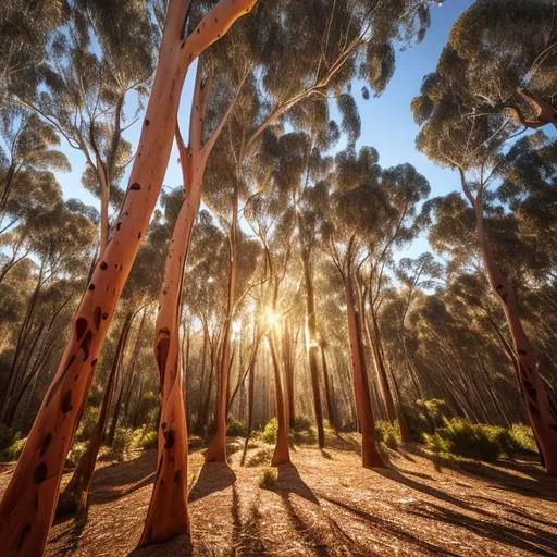 Prompt: 3d realistic render, Soft lighting, eucalyptus spotted gum tree in summer, close up, background blurred forest.