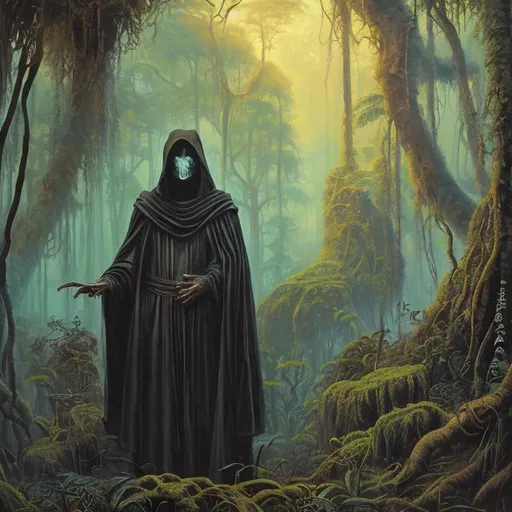 Prompt: Portrait painting, cultist with dark robe, ancient dolmens in the jungle, dull colors, danger, fantasy art, by Hiro Isono, by Luigi Spano, by John Stephens