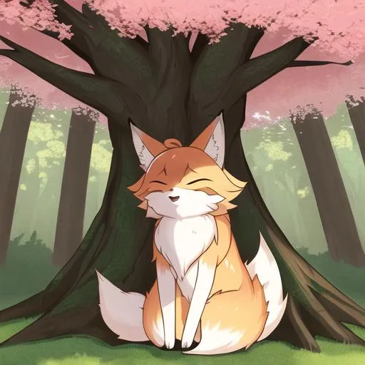 Prompt: a fluffy fox sits in the shade of a maple tree in the middle of a forest