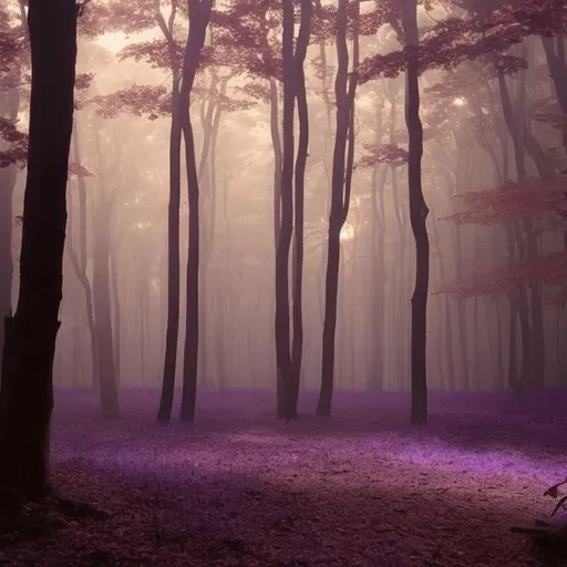 Prompt: A light woods with a hint of purple and nostalgia 
