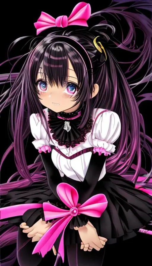 Prompt: anime art,(masterpiece), best quality, expressive eyes, perfect face, full body, 1girl, pink haired fourteen years old girl, dressed in a frilly black and pink dress, wielding a black hunting bow, black and red chocker with a pink gem, short pink hair, pink eyes, short twintails, black hair ribbons, black stockings, red Mary Jean shoes, sad expression, tears,