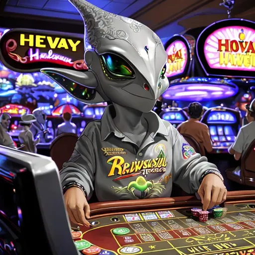 Prompt: ((best quality)), ((masterpiece)), ((realistic)), An extraordinary illustration depicting a grey Roswell alien, alien, stoned, grey, alien with a Hawaiian shirt playing poker in Vegas surrounded by other gamblers and slot machines. The artwork showcases a beautiful detailed glow, accompanied by cinematic lighting that enhances the serene atmosphere. The painting, created by the renowned artist Perov, exhibits an exceptional level of detail and precision, capturing the great alien skin texture and delicate features of the aliens large oval black eyes with ultra-detailed brushwork. The artwork is rendered in high resolution, ensuring sharp focus and a smooth finish. This aesthetically pleasing masterpiece has gained significant attention on popular art platforms such as ArtStation and Pixiv, reflecting its popularity among art enthusiasts. The composition adheres to the rule of thirds, creating a harmonious and visually captivating artwork.