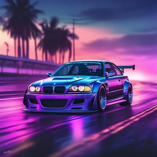 Prompt: 2001 BMW M3 E46 GTR, synthwave, aesthetic cyberpunk, miami, highway, dusk, neon lights, coastal highway, dusk, neon lights, coastal highway, sunset, drift, nurburgring, water on the road, blade runner, 8k, watercolor, macro sharp focus, 8, hyper realistic, cinematic, detailed