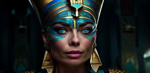 Prompt: pharoah, egyptian mascara, beads, gold, blue, green, beautiful, scifi, futuristic, margot robbie