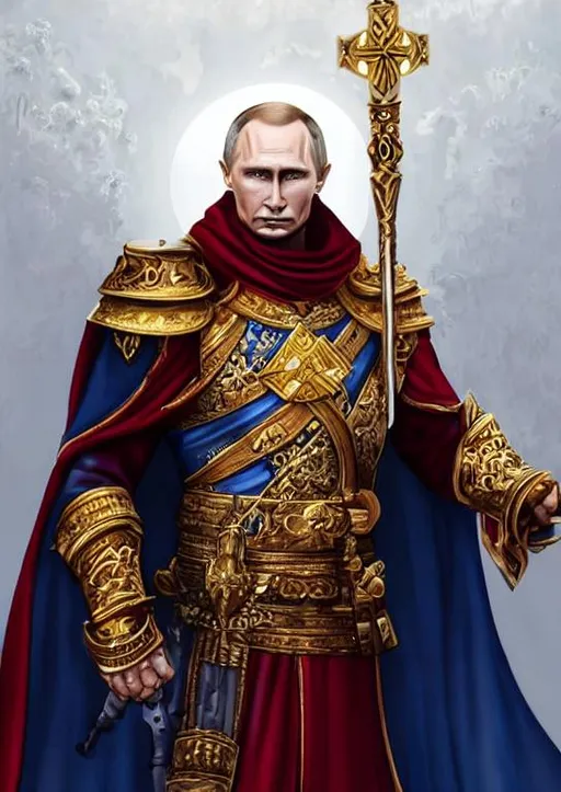 Prompt: fantasy detailed illustration Vladimir Putin, Russian, regal, royal, golden metal armor, god warrior, occidental, holy, majestic, prestige, red, white, blue, sky, angelic halo