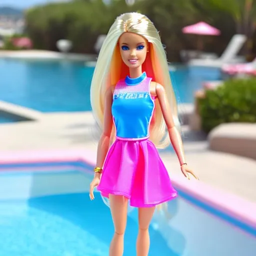 Prompt: Barbie Doll, Blue Swim Suit, Pink_Dress, Blonde_Hair