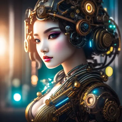 Prompt: Produce a photograph of a steampunk robotic beautiful female android, asian, looking at the viewer, with fantasy colors, spot lights, in a dark background, high quality, trending art, trending on artstation, sharp focus, studio photo, intricate details, highly detailed, UHD, HDR, 8K, ((Masterpiece))