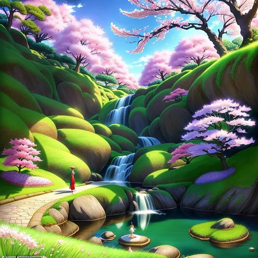 Prompt: Animè painting, UHD, 8K, highly detailed, panned out view of the character, visible full body, ethereal, fair smooth tan skin elf. A human, standing on a grassy hill with a single cherry blossom tree, gloomy lighting, water flows around at the bottom of the hill, spirited away animè style images.