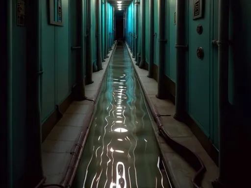 Prompt: Hallway Submarine ,many doors,pipes everywhere.