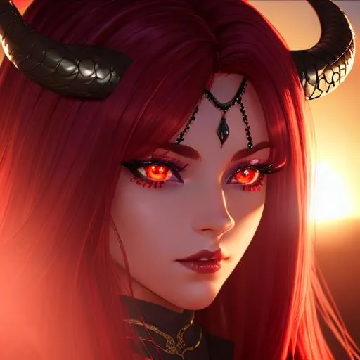 Prompt: dnd, tiefling, demon, snake eyes, void eyes, detailed face, detailed eyes, full eyelashes, detailed interior, ultra detailed accessories, birthmark on face, red hair, black horns on side of head, demonic, red dark skin, 

((sunshine, very strong sunlight on face, cinematic lighting, volumetric lighting, beautiful shading, head light, back light, natural light, ray tracing, symmetrical)), (((masterpiece, professional, professional illustration))), Fantasy style,

UDR, HDR, 64k, masterpiece