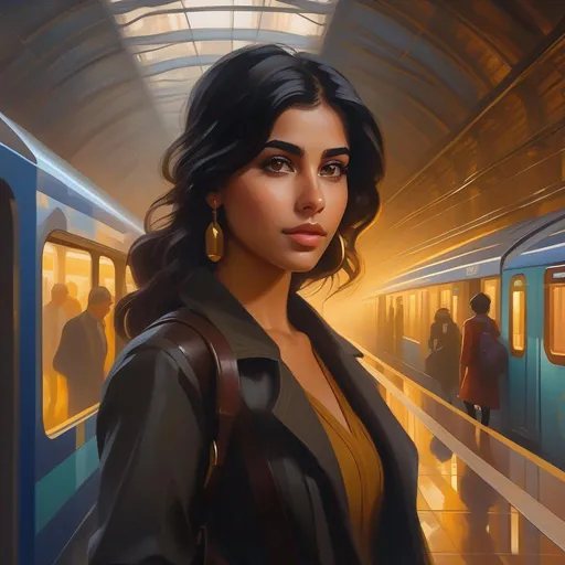 Prompt: Third person, gameplay, Turkish girl, olive skin, black hair, brown eyes, 2020s, smartphone, Istanbul subway station, foggy, golden atmosphere, cartoony style, extremely detailed painting by Greg Rutkowski and by Henry Justice Ford and by Steve Henderson 