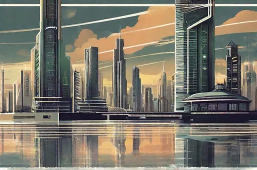 Prompt: a futuristic city on a lakefront (art deco), (illustrated), afternoon, evening, lights,(sky scapers), (high rise buildings), cityscape