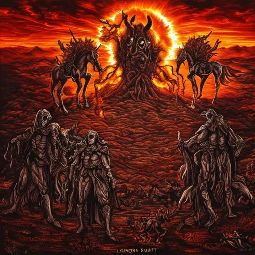 Prompt: 4 horsemen of the apocalypse merged with the 7 deadly sins, burnt world, sunset, choke