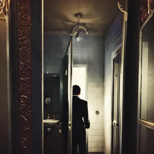 Prompt: View from inside a bathroom stall of a 16 year old Magician boy in a tuxedo leaning over the top of the bathroom stall waving and pointing his magic wand into the stall casting a magic spell into the stall