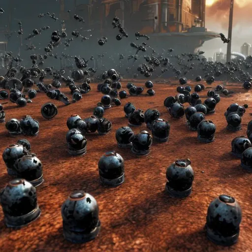 Prompt: a swarm of black nanobots eat the rusty cylinder on the table