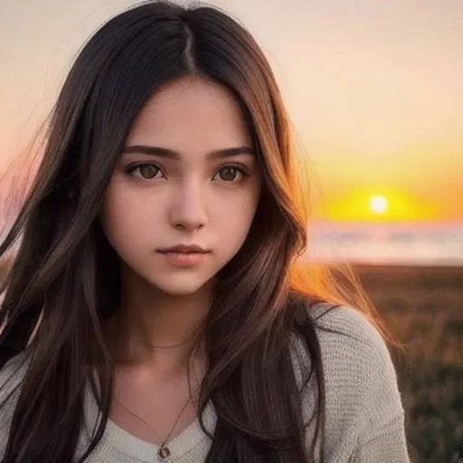 Prompt: beautiful, dim light, casual clothes, cinematic shot, brown silky hair, floting hair, hopeful, detailed pretty face, black eyes

(masterpiece), realistic, sunset, beautiful face, cinematic light, a beautiful woman, beautiful eyes, perfect anatomy, very cute, princess eyes, (frame the head), Centered image, stylized, bioluminescence, 8 life size, 8k Resolution, human hands, wonder full, elegant, approaching perfection, dynamic, highly detailed, character sheet, concept art, smooth, facing directly at the viewer positioned so that their body is symmetrical and balanced, stunningly beautiful teenage girl, detailed hairstyle,