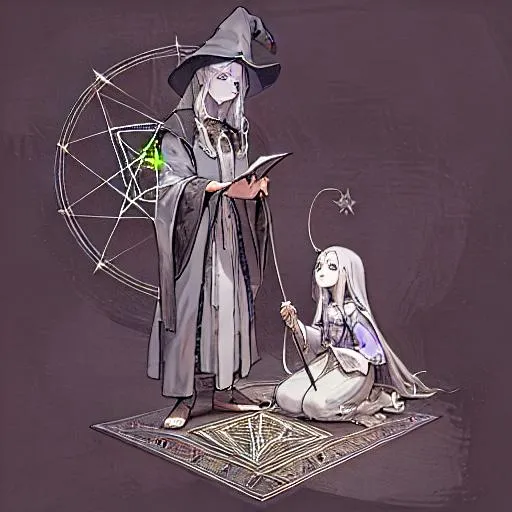 Prompt: a wizard wearing ritual garments and holding a wand and spell book standing in front of a pentagram with a cute witch girl aiding him in his ritual very detailed realistic faces and bodies