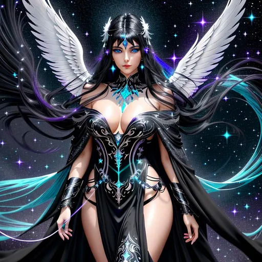 Prompt: Tall, darkly ethereal, inhumanly beautiful female humanoid angelic creature with one black and purple wing and one white and teal wing, and flowing dark black hair flecked with stars blowing in the wind shrouded in a long flowing cloak made with an ornate silver and black breastplate and trailing mesmerizing flowing wisps of shadows and light with glittering glowing ice blue eyes and a detailed, delicate, pale, and serious face with delicately pointed ears with intricate silver earrings, and a intricate purple and silver crown, and hands with an intricate silver and blue ring on her left ring finger, and ornate silver bracelets on each wrist   with a crescent moon and stars in the background 
