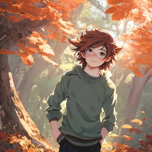 Prompt: (((full body view)))  anime boy with a bird in the forest, young man, 6 years old handsome, pastel eyes, copper hair, smiling, fluffy hair, fantasy character, comic book style,  highly detailed , concept art , dynamic, sweater, dynamic light, highly detailed, sitting under an orange maple tree, concept art, dynamic, {{visible textured brush strokes}}, shadows, highlights, contrast,  

