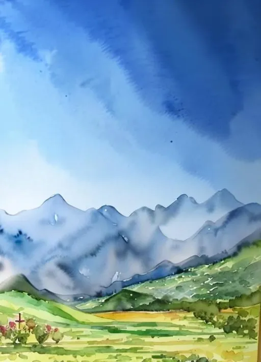 Prompt: watercolour painting of beautiful green valley with a small stream and mountains surrounding