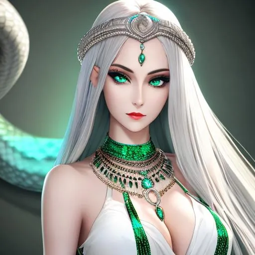 Prompt: young woman, slim, snake goddess, beautiful, silver hair, emerald eyes, pale skin, silver snakes around neck, emeralds, full bod