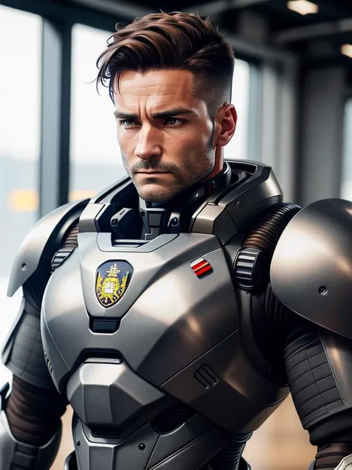 Prompt: perfect composition, {40 year old}, lean {average british soldier man}, wearing {powered armor exosuit exoskeleton}, Pfyly encased armour}, {short brown hair}, extra masculine, peak fitness, asymmetric scars, determined expression, 8k eyes, detailed face, wlop, stanley artgerm lau, artstation, hd, octane render, hyperrealism intricate details, 8k, cinematic volumetric light, proportional, art trending on artstation, sharp focus, studio photo, intricate details, highly detailed, intricate artwork masterpiece, ominous, intricate, epic, trending on artstation, highly detailed, vibrant, production cinematic character render, ultra high quality model, 