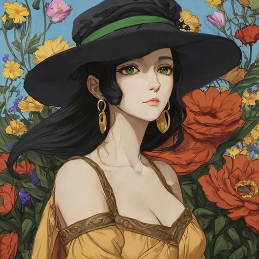 Prompt: a renaissance woman with warm colors, a flowered cap, black hair, long gold earrings, green eyes and a dark blue dress, in the streets full of big flowers, looking into the distance, portrait view. old anime version