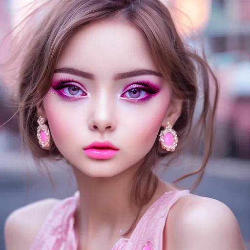 Prompt: Beautiful lady wearing pink dress, anime, fined features, 8K, fair and glossy skin, big eyes, light makeup, fashion jewelry, baby pink lips, zoomed face 