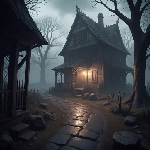 Prompt: Scene from fantasy rpg video game, eerie atmosphere