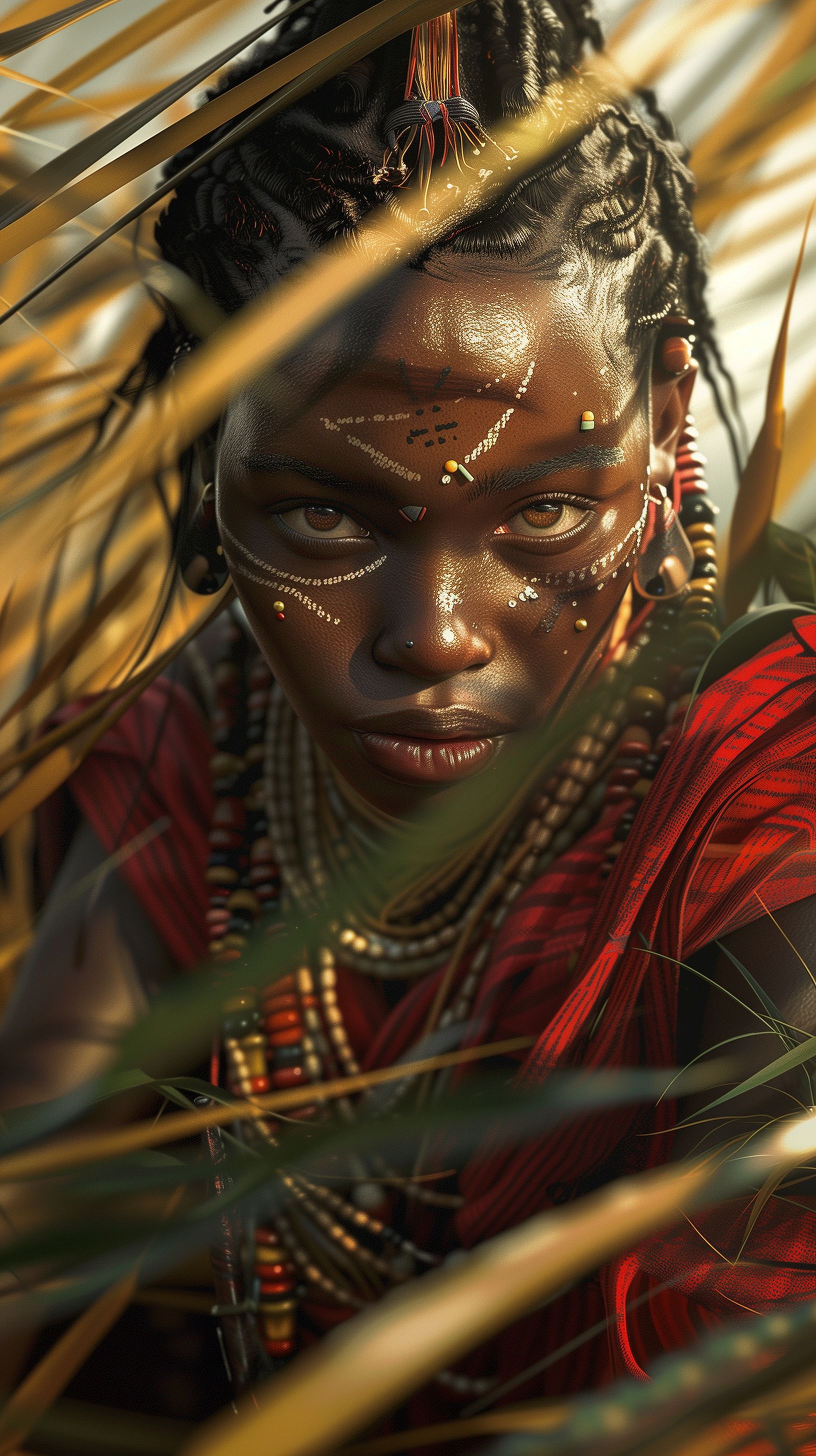 Prompt: attractive dark skin warrior women, tribe from africa, red cloth clothing with beads, peircing eyes, national geographic cover, leaning forward under the cover of long reeds, hunting zebra, hiding, brave --ar 9:16 --c 2 --v 6.0