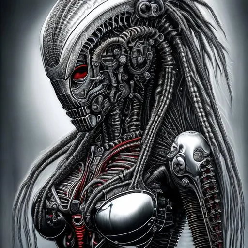 Prompt: create an air brushed picture of a hyper realistic ultra detailed photograph of a beautiful biomechanical female, long predator dreads, attractive, bright red eyes, mysterious, chrome, metal rod, H. R. Giger art style, monochrome, industrial, biomechanical, chrome, H. R. Giger inspired, highly detailed, 8K, UHD, female , exquisite detail, beautiful face, dark heavy metal, evil, dark background