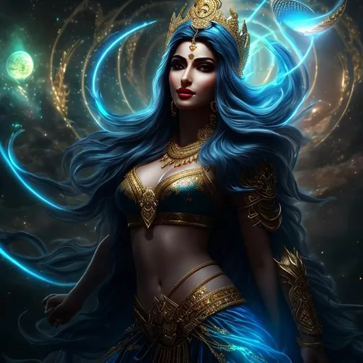 Prompt: High-resolution hyper realistic painting of {iranian Anahita goddess} [Aredvi Sura Anahita] , (goddess of fertility, healing and wisdom). uhd, hdr, 64k, epic scene, crown, upper body, sharp edges, detailed armor, comet hair, white glowing eyes, 8k, trending on artstation, sunny day