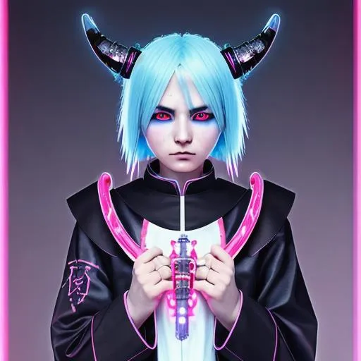 Cyberpunk anime characters with blue hair and neon glow