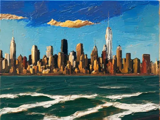 Prompt: Thick oil impasto York Skyline from 42nd Street Pier, thick oil impasto