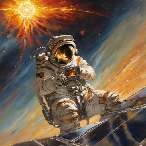 Prompt: Painting of a stronaut watching a solar flare.