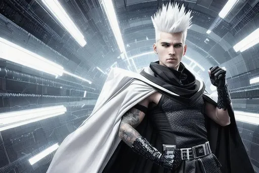 Prompt: JAXER KAZE : Hyper Detailed,  ultra realistic, white hair mohawk male in black tactical tech uniform poncho coat,  IN UNDERGROUND DAZZLING CRYSTAL CITY , superhero cape fight