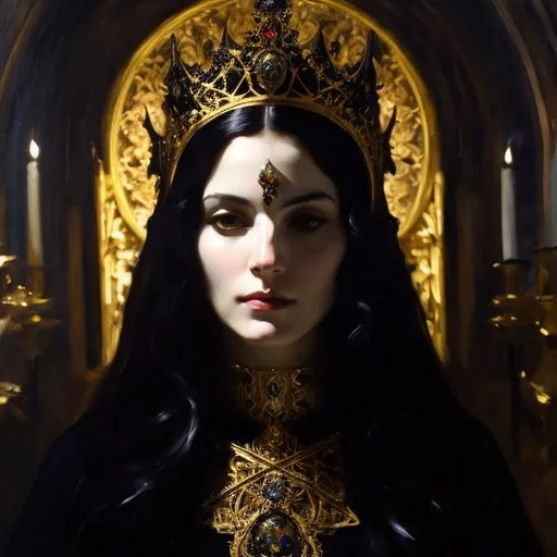 Prompt: John Singer Sargent-style portrait of a dark priestess wearing a crown of bones, oil painting, intricate facial features, haunting expression, mysterious aura, detailed robes, atmospheric lighting, 4k, ultra-detailed,  haunting, dark priestess, intense shadows, professional, moody lighting